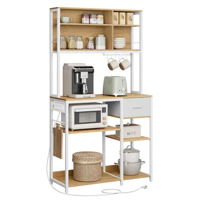 Produktbild von VASAGLE Küchenregal mit Steckdosen, Standregal, Mikrowellen-Regal, verstellbare Ablagen, Stoffschublade, 12 Haken, 40 x 100 x 180,4 cm, für Mikrowelle