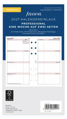 Produktbild von FILOFAX Kalendereinlage 2027 - PERSONAL - 1 Woche = 2 Seiten - Professional - deutsch