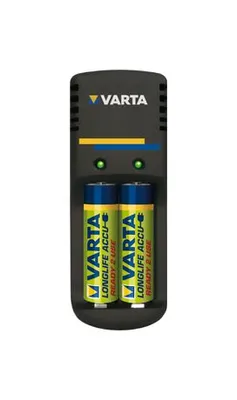A VARTA battery charger with two AA batteries inserted.