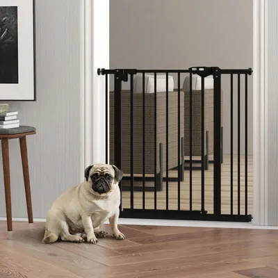 Produktbild von Hundegitter Türschutzgitter, Absperrgitter Hund, Schutzgitter Treppe, Metall, Schwarz | 74–87 cm | Auto-Schließfunktion | doppeltes Schloss