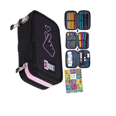 Produktbild von Federmäppchen 3 Fächer - Mäppchen für Mädchen und Jungen - Federmappe 3-Fach Federtasche 46-teilig Gefüllte Schüleretui Hausaufgabenheft- Liebe