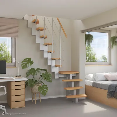 Produktbild von Raumspartreppe Intercon Quadro | Italo-Silber | Stufen: Buche-Natur | 12 Stufen + Podest für Geschosshöhen von 247-299 cm | 1/4 gewendelter Verlauf