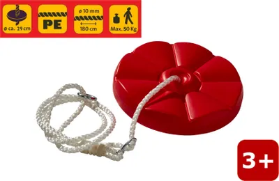 A red disc swing with a white rope is shown on a white background, with informational icons in the top left corner and an age recommendation in the bottom right.