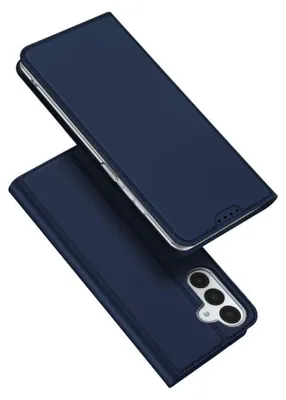 A dark blue flip phone case shown from a diagonal angle, with the phone inside and the cover open.