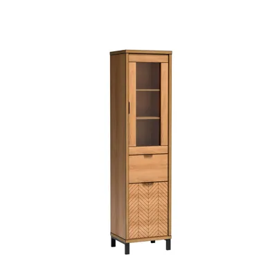 Produktbild von Vitrine FONTIA in Eiche Karamell mit Metallfüßen – moderne Glasvitrine mit Stauraum für Wohnzimmer, Esszimmer und Büro