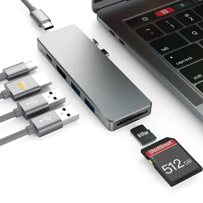 Produktbild von dodocool 7-in-2 USB-C-Hub-Adapter aus Aluminiumlegierung mit 2 Thunderbolt-3-Anschlüssen, USB-Typ-C-PD-Anschluss, USB-C-Datenübertragungsanschluss, 4K-Video-HD-Ausgang, 2 USB-3.0-Anschlüssen und SD/Micro-SD-Kartenleser für MacBook Pro 2016/2017/2018/2019, dunkelgrau