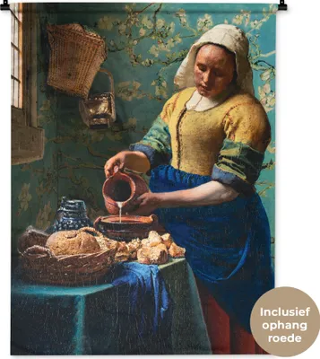 Produktbild von MuchoWow® Wandteppich Wandbehang Milchmädchen - Mandelblüte - Van Gogh - Vermeer - Gemälde - Alte Meister 90x120 cm Tapisserie Dekoration Wandtuch - Wanddeko