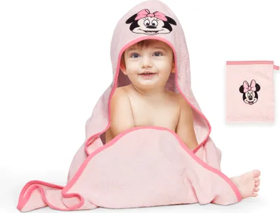 Immagine prodotto di Set di asciugamani con cappuccio Disney per bambini, 2 pezzi, 100% cotone - Minnie Mouse - 80x80 cm + 15x20 cm