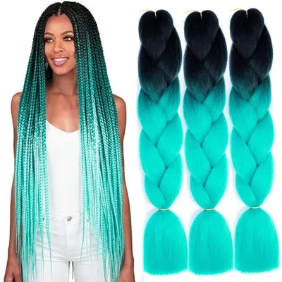 Produktbild von Kunsthaar Flecht Extensions Ombre Schwarz Cyan 24 Zoll 100g Kanekalon Jumbo Braid 3 Stück