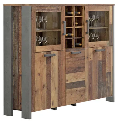 Highboard Vitrine CLIF 5-trg. Optik Old Wood Vintage von Forte