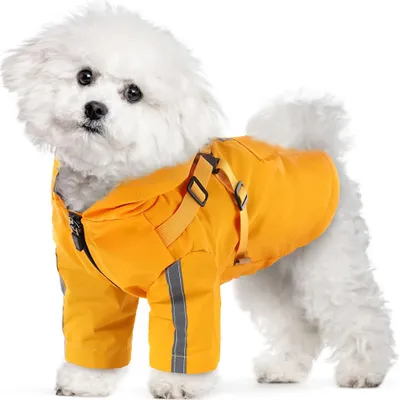 Produktbild von Regenjacke für Hunde mit Kapuze und Geschirr, Wasserdichter Regenmantel mit Reflektorstreifen, Regenjacke Hund Wasserdicht für kleine und mittelgroße Hunde