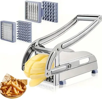 Produktbild von Pommesfritteuse aus Edelstahl – Gemüseschneider – Für die Zubereitung von frischen Pommes – Mit 2 Messereinsätzen – Rutschfest