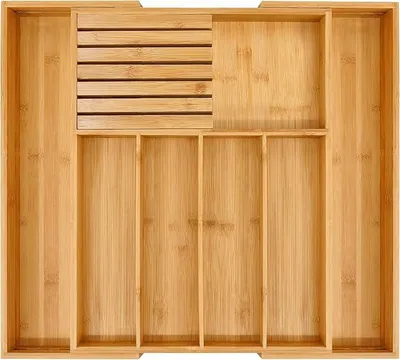 Produktbild von PolkaHome® Bambus Besteckladen-Organizer, große Besteckladen-Einlage mit 5-7 Fächern, 33-55 cm, ausziehbarer Schubladen-Organizer mit