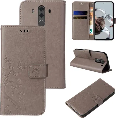 Produktbild von Handyhülle für Huawei Mate 10 Pro Floral Blumen Schmetterling Flip Cover Hülle Case Klapphülle Handytasche Farbe: Grau