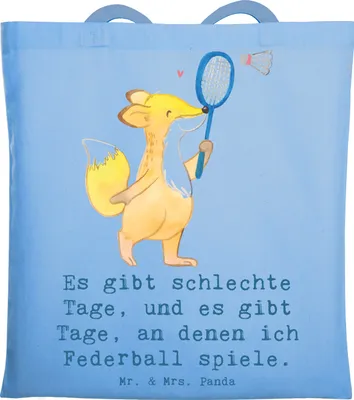 Produktbild von Mr. & Mrs. Panda Stoffbeutel Fuchs Federball spielen - Sky Blue - Geschenk, Tasche, Einkaufstasche, Tote Bag, Badminton, Uni, Baumwollbeutel, Shopping