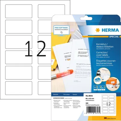 Obrázek produktu pro HERMA 9643, Bílá, Samolepicí štítek, 80 x 40 mm, Papír, Laserová/inkoustová tiskárna, Permanentní