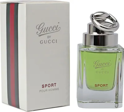 Gucci Sport Pour Homme Eau de Toilette mit grünem Flakon und weißer Box, dekoriert mit rot-grünem Seitenstreifen im typischen Gucci-Stil.