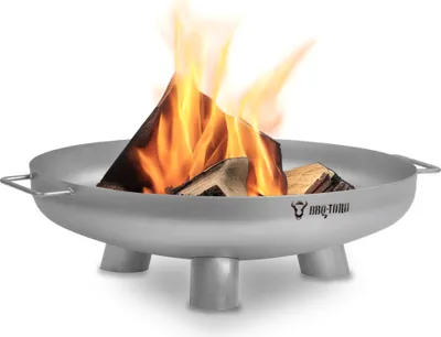 A silver metal fire pit with wood burning inside, set against a white background.
