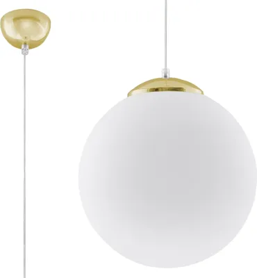 A pendant light with a white globe shade and a gold top, shown against a white background.