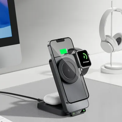 Produktbild von 3-in-1 Magnetische Kabellose Ladestation, für iPhone, Apple Watch und AirPods, Mehrere Geräte Reiseladestation, Kompakt für Büro und Zuhause