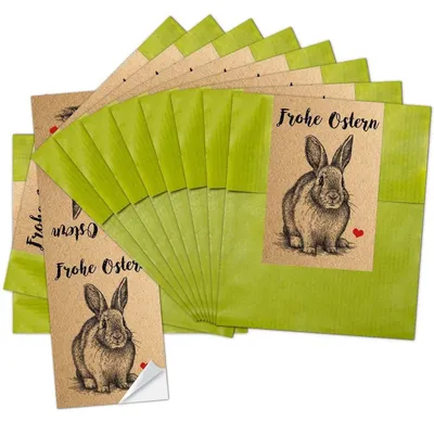 Produktbild von 25 kleine grüne Papiertüten Ostertüten Geschenktüten 13 x 18 cm + 25 Banderolen Osteraufkleber 5 x 15 cm Ostern Osterhase rot weiß Herz Verpackung Aufkleber Frohe Ostern zum BefüllenVintage Hase / 25 Stück