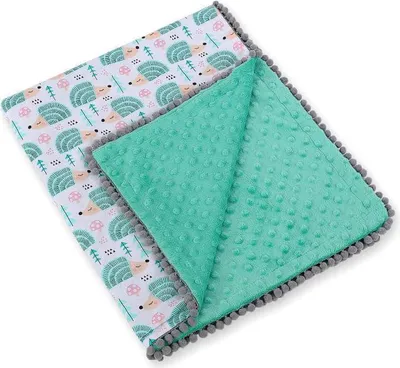 Immagine prodotto di Coperta per neonati double-face - Minky Plaid - Extra morbida e calda, con pompon, riccio alla menta