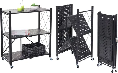 Immagine prodotto di Scaffale HWC-J85, scaffale in piedi, scaffale da soggiorno, pieghevole/pieghevole in acciaio ~ nero, 3 livelli