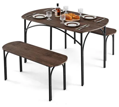 Immagine prodotto di Set da pranzo completo, composto da un tavolo e due panche, con struttura in metallo, ideale per 4 persone, in stile rustico e colore marrone