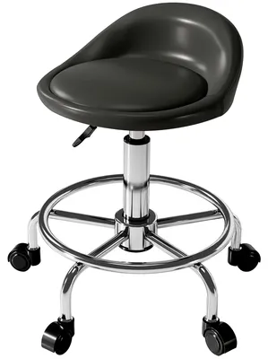 Image de Tabouret pivotant, tabouret de travail, fauteuil roulant, tabouret à roulettes avec dossier, réglable en hauteur, revêtement en similicuir rembourré, noir | Repose-pieds | Jusqu'à 120 kg | 59–75 cm