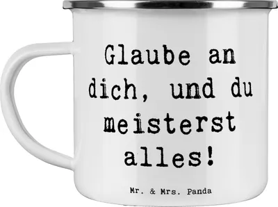 Produktbild von Mr. & Mrs. Panda Haferl Spruch Stolpersteine im Alltag meistern - Weiß - Geschenk, Hindernisse überwinden, Selbstvertrauen, becher emaille, Stärke, Tasse, Pott, Teebecher
