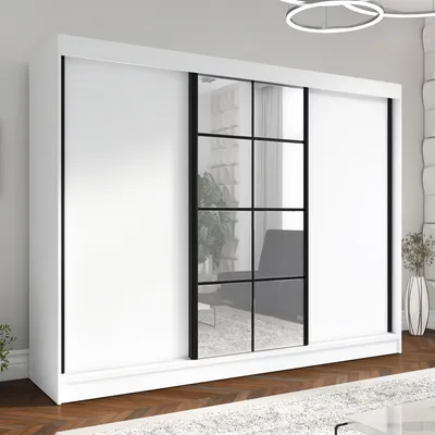 A white sliding door wardrobe with a black framed mirrored section is shown in a room.