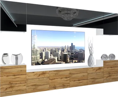Produktbild von BELINI Wohnwand Wohnzimmer-Set Moderne Schrankwand mit LED-Beleuchtung Weiß Glänzend Anbauwand TV-Schrank Schwarz / Wotan Eiche Glänzend/Matt