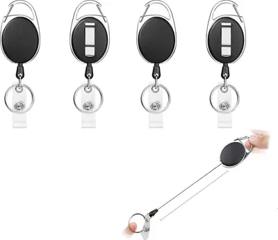 Produktbild von 4 Stück Spulenclips, einziehbarer Ausweishalter mit Schlüsselgürtelrolle für Schlüsselanhänger, Ausweis, einziehbares Schlüsselband