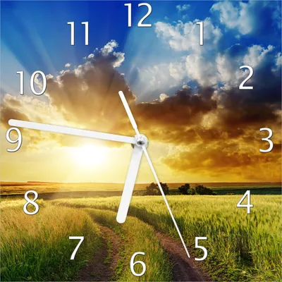 Produktbild von Wallario Design Wanduhr Feldweg in den Sonnenuntergang aus Echtglas, Größe 20 x 20 cm
