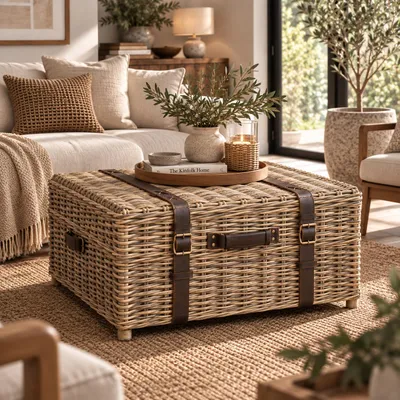 Productafbeelding van Rotan salontafel LARGO Kubu Grey – Opbergkist met deksel & leren riemen | Solani Home