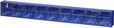 A long, blue storage unit with multiple transparent compartments.