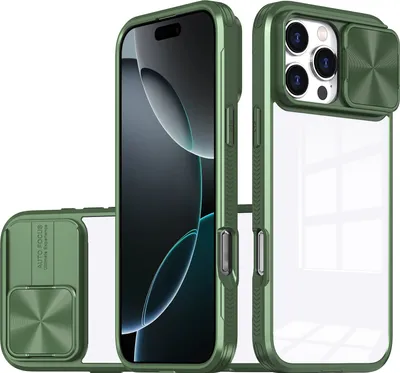 Immagine prodotto di Custodia per iPhone 16 Pro Custodia ibrida trasparente in TPU con cover fotocamera scorrevole verde