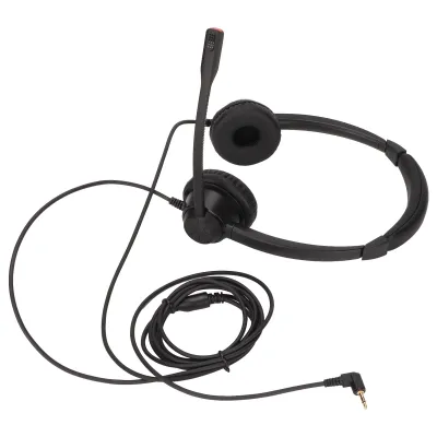 A black headset with a microphone is shown against a white background.