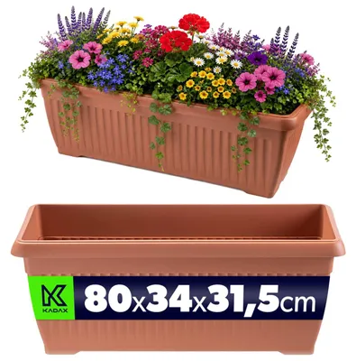 Produktbild von KADAX Blumenkasten 80 x 34 x 32 cm, rechteckiger Pflanzenkasten für Blumen, Kräuter & Pflanzen auf Fensterbank, Balkonkasten aus Kunststoff (Terrakotta)