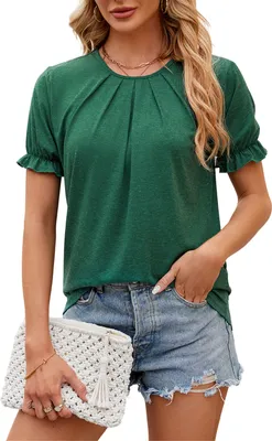 Produktbild von ASKSA Damen T-Shirt Sommer Kurzarm Puffaermel Shirts Tops Casual Tee Elegant Oberteile, Dunkelgruen, Groesse: XL