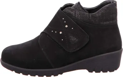A side view of a black bootie.