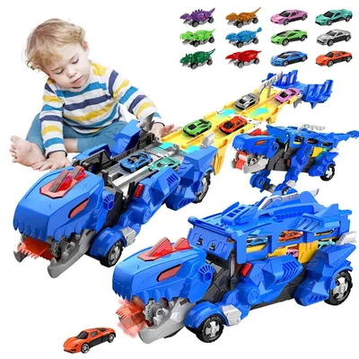 Produktbild von Lkw-Spielzeug – Transporter – Dinosaurier – Mit 12 Autos – 3-in-1-Rennstrecke