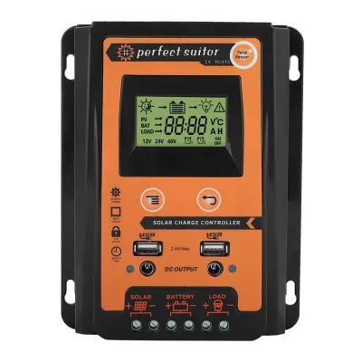 Image de Contrôleur de charge solaire 12V/24V 30A, version courte, avec technologie PWM et MPPT. Régulateur de batterie pour panneaux solaires, avec double port USB et écran LCD
