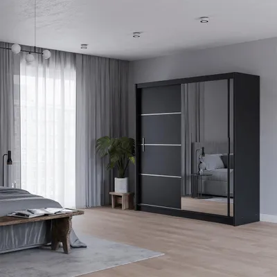 Produktbild von Krudox PRVTA Schwebetürenschrank Schwarz mit Spiegel 200 cm Kleiderschrank mit 2 Kleiderstangen