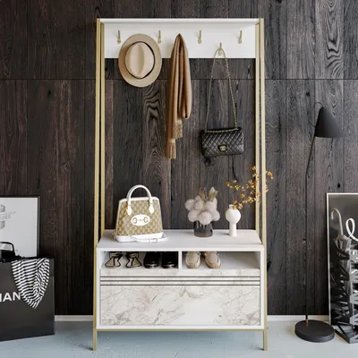 A hallway stand with various accessories, including hats, scarves, and handbags, displayed against a dark wood paneled wall.