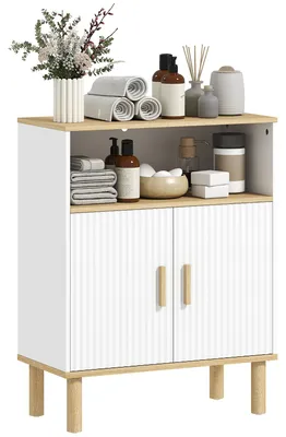 Immagine prodotto di HOMCOM Armadietto da Bagno Autoportante con Ripiano Aperto e Regolabile, Bianco e Legno Naturale
