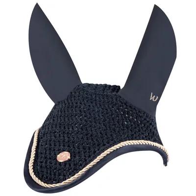 A navy blue horse fly bonnet with gold trim and a rose gold logo.