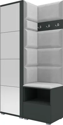 Produktbild von Garderoben-Set Nela I mit Spiegel, Polstergarderobe mit Schuhschrank, Dielenmöbel-Set mit Hochschrank (Farbe: Graphit + Trinity 32 (Hellgrau))