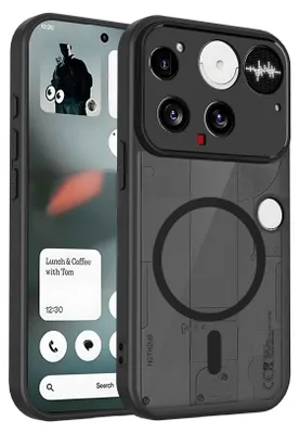 A black phone case with a transparent back showing internal components and a magnetic ring, placed next to a phone.