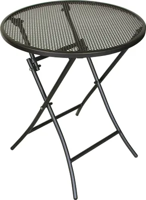 A round, black metal bistro table with a mesh top and folding legs, shown against a white background.